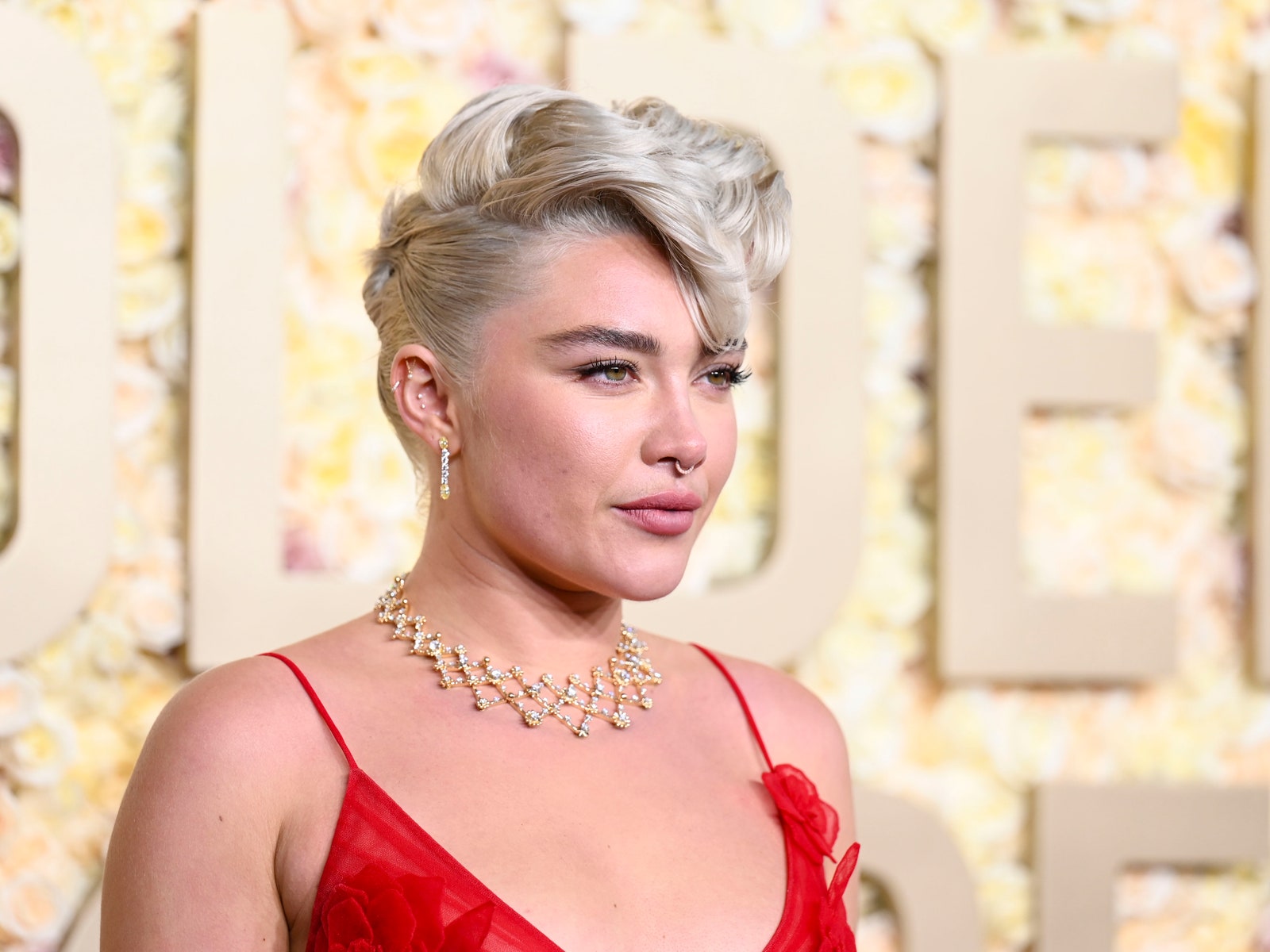 Of Course Florence Pugh Wore a Faux-Hawk and a See-Through Gown to the 2024 Golden Globes